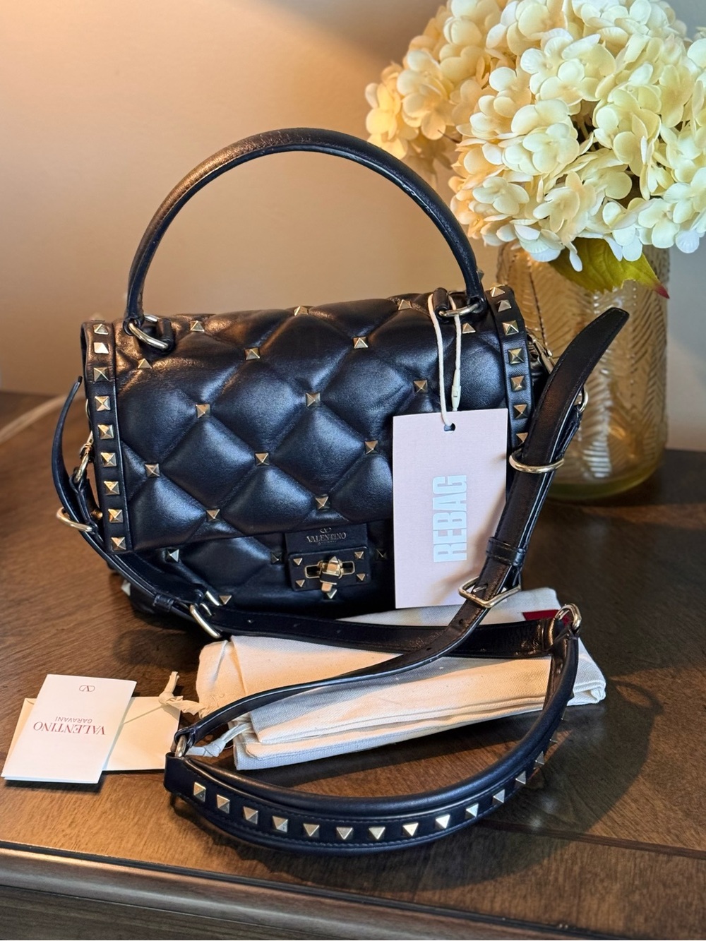 Valentino Garavani Black Quilted Leather Satchel with Gold Studs